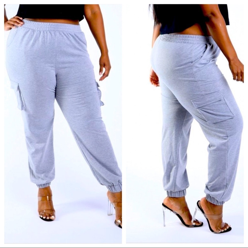 GREY FITTED PLUS SIZE CARGO JOGGER SWEATPANTS